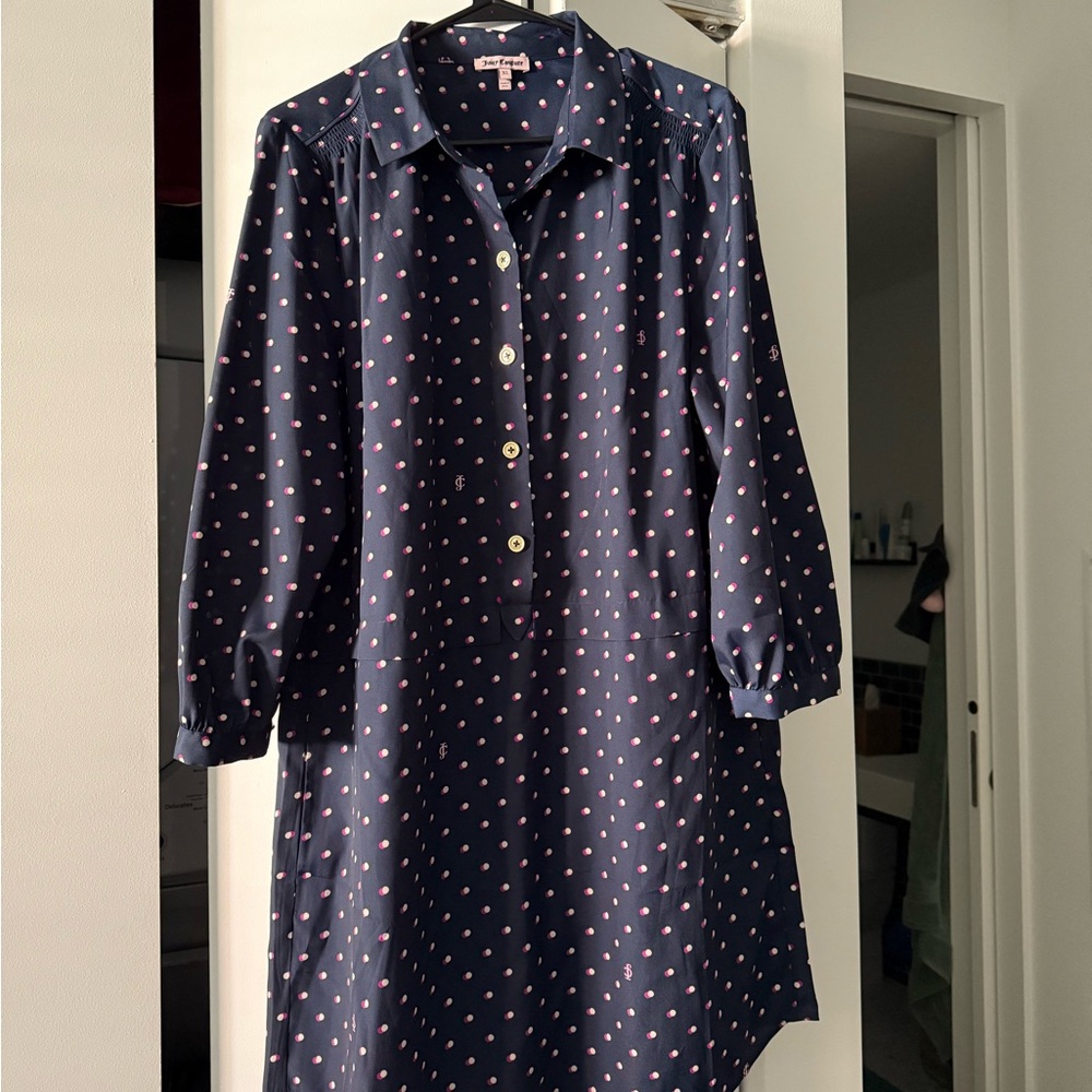 Juicy Couture Navy and Pink Polka Dot Long Sleeve Dress NWOT
